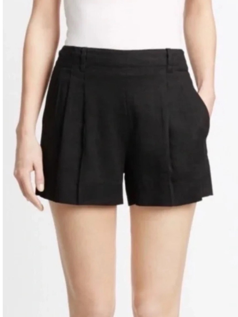 Vince Linen Blend High-Rise Pleated Shorts Black Size 8